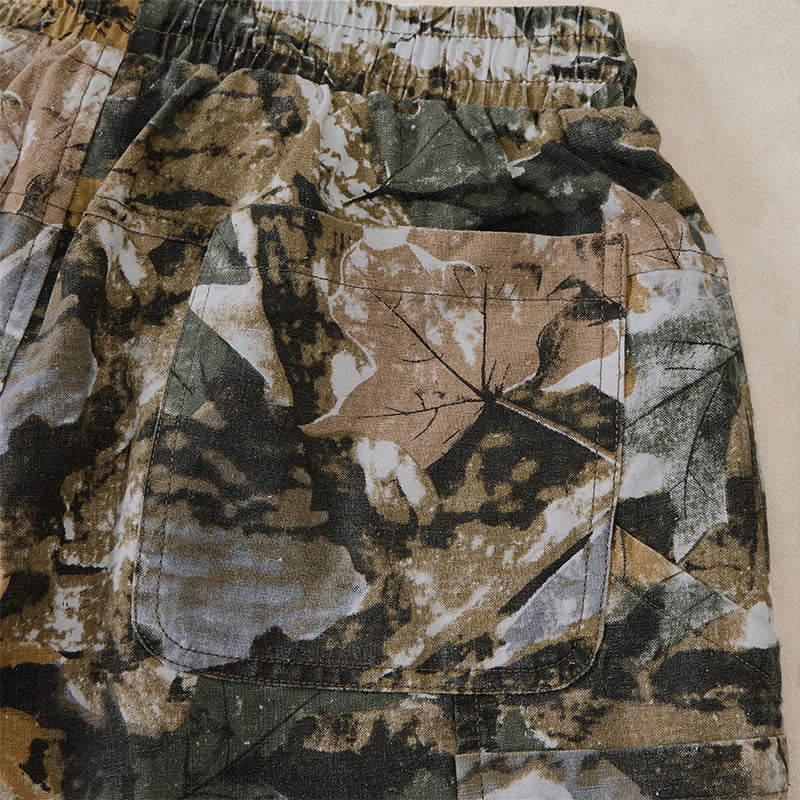 Nimara Ritual Summer Casual Athletic Drawstring Camouflage Leaves Cotton Ramie Men's Shorts With Pockets