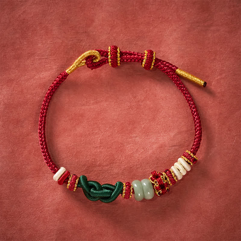 Nimara Ritual Handmade Braided Ruyi Peach Blossoms Knot Jade Luck Adjustable Bracelet