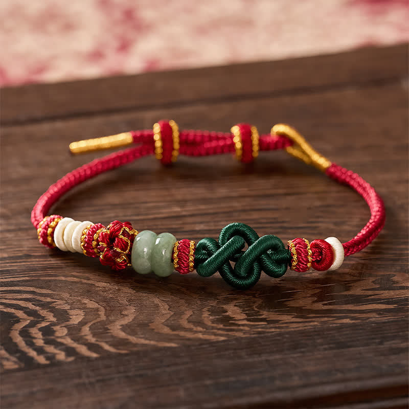 Nimara Ritual Handmade Braided Ruyi Peach Blossoms Knot Jade Luck Adjustable Bracelet