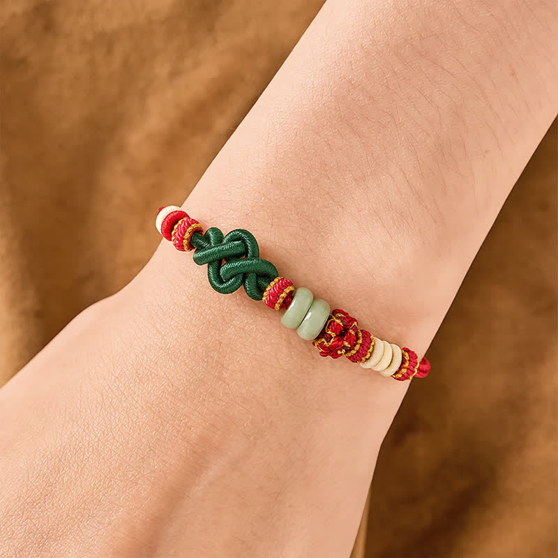 Nimara Ritual Handmade Braided Ruyi Peach Blossoms Knot Jade Luck Adjustable Bracelet