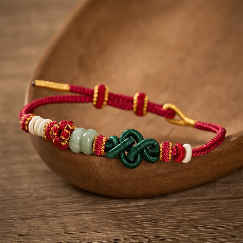 Nimara Ritual Handmade Braided Ruyi Peach Blossoms Knot Jade Luck Adjustable Bracelet