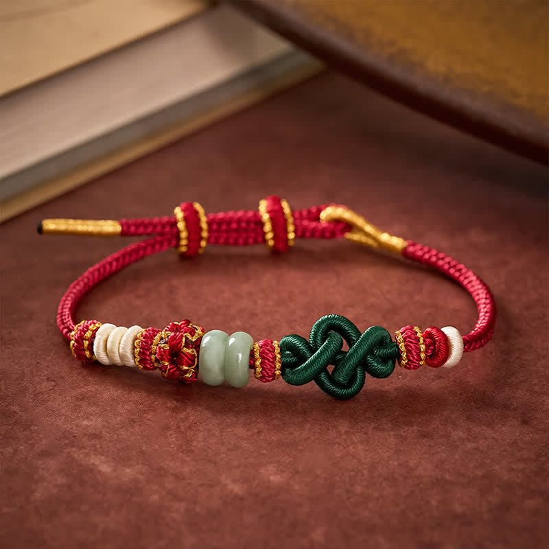 Nimara Ritual Handmade Braided Ruyi Peach Blossoms Knot Jade Luck Adjustable Bracelet