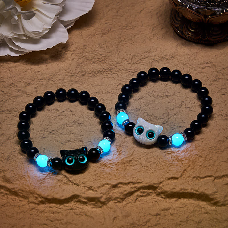 Nimara Ritual Black Obsidian Cute Big Eye Cat Protection Beaded Bracelet