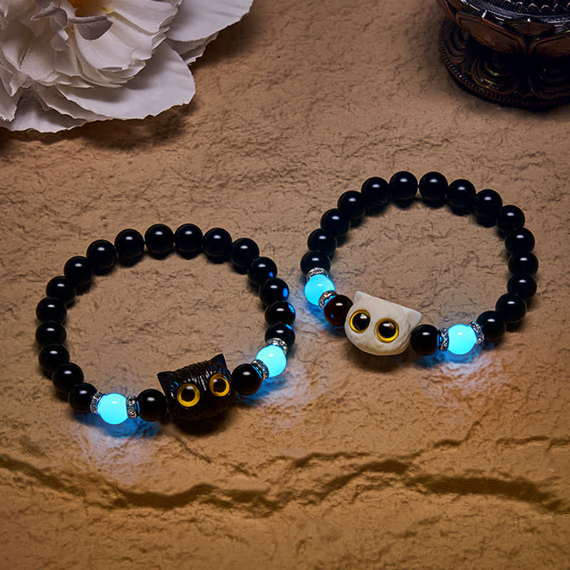 Nimara Ritual Black Obsidian Hand-Carved Big Eye Cat Relief Bead Bracelet