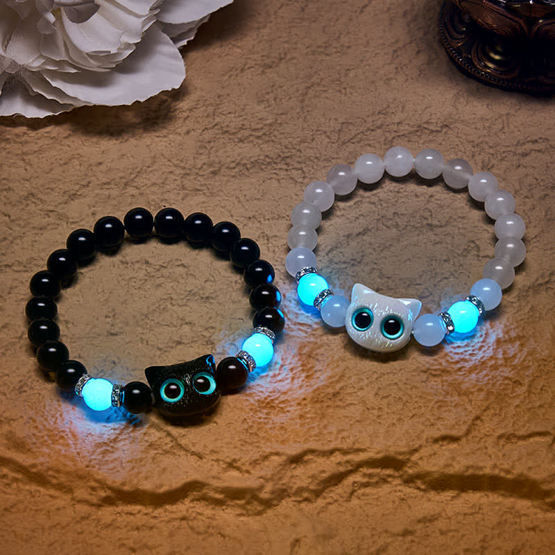 Nimara Ritual White Jade Black Obsidian Cute Cat Head Purity Beaded Bracelet
