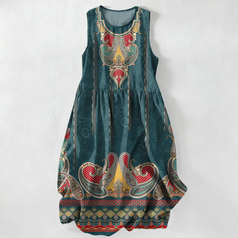 Nimara Ritual Summer Casual Persian Paisley Border Pattern Women's Summer Sleeveless Midi Dress With Pockets