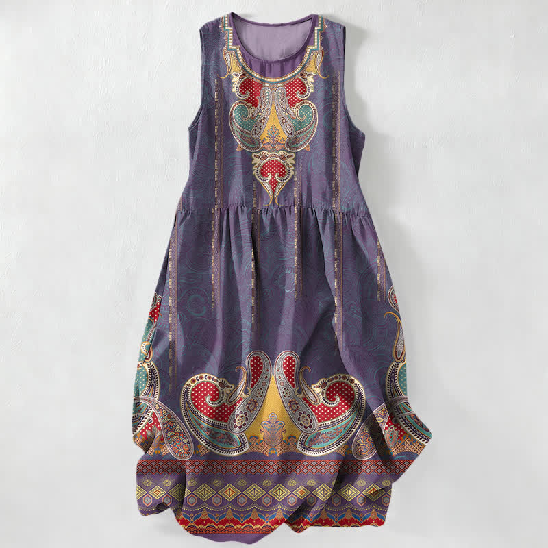 Nimara Ritual Summer Casual Persian Paisley Border Pattern Women's Summer Sleeveless Midi Dress With Pockets