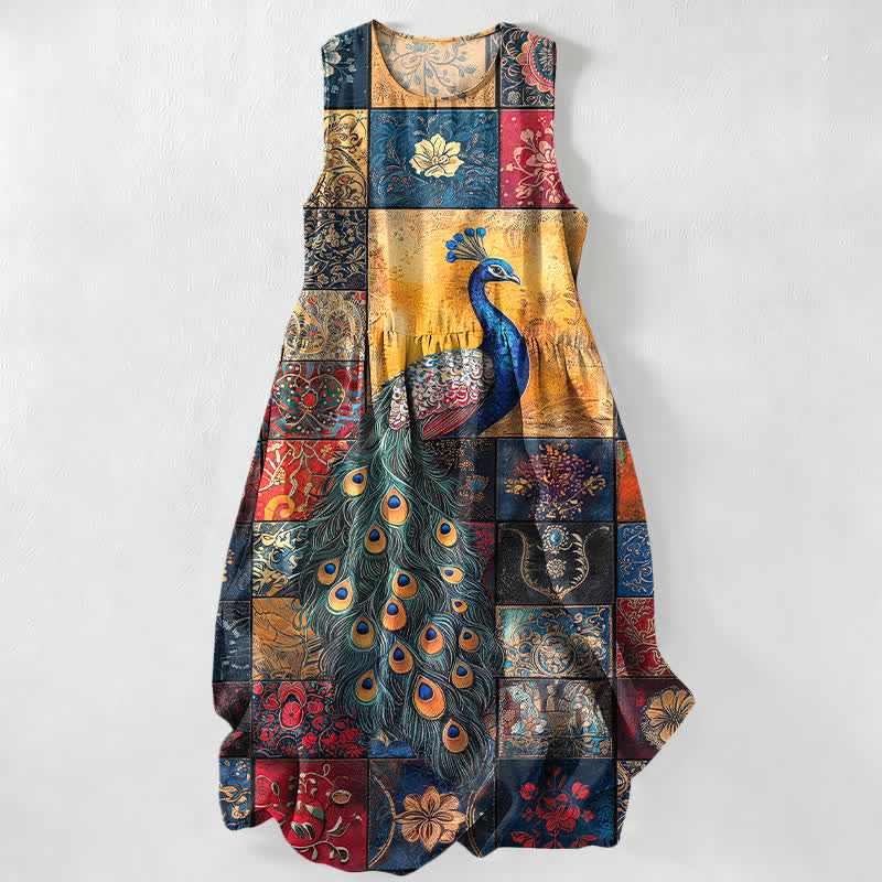 Nimara Ritual Summer Casual Peacock Patchwork Pattern Women's Summer Sleeveless Midi Dress With Pockets