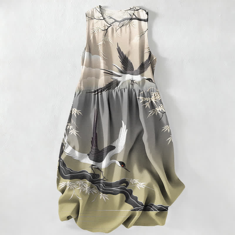 Nimara Ritual Summer Casual Crane Bamboo Pattern Women's Summer Sleeveless Midi Dress With Pockets