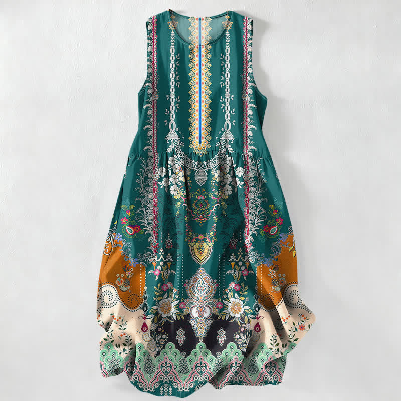 Nimara Ritual Summer Casual Vintage Floral Medallions Leaves Pattern Women's Summer Sleeveless Midi Dress With Pockets