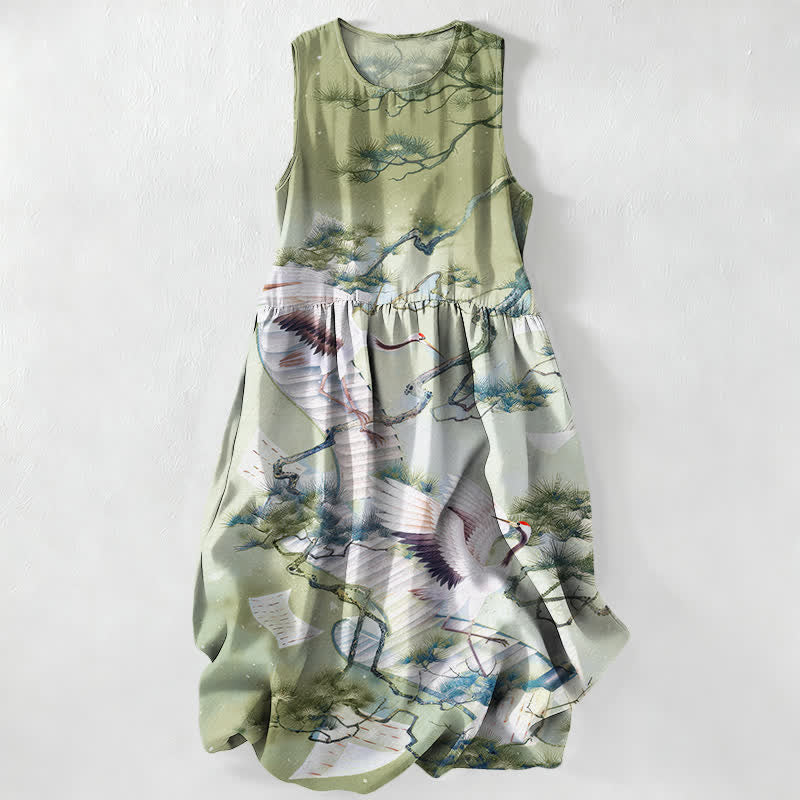 Nimara Ritual Summer Casual Ink Wash Crane Pine Pattern Women's Summer Sleeveless Midi Dress With Pockets