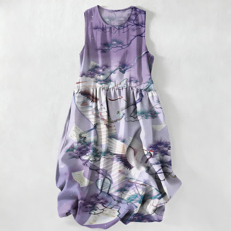 Nimara Ritual Summer Casual Ink Wash Crane Pine Pattern Women's Summer Sleeveless Midi Dress With Pockets