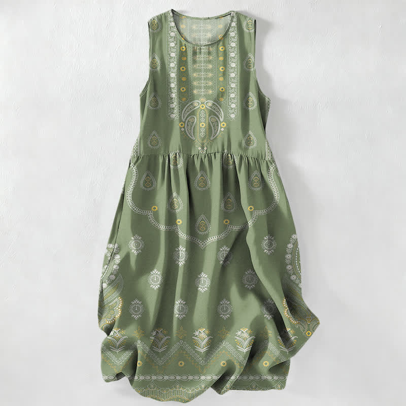 Nimara Ritual Summer Casual Boho Paisley Medallion Pattern Women's Summer Sleeveless Midi Dress With Pockets