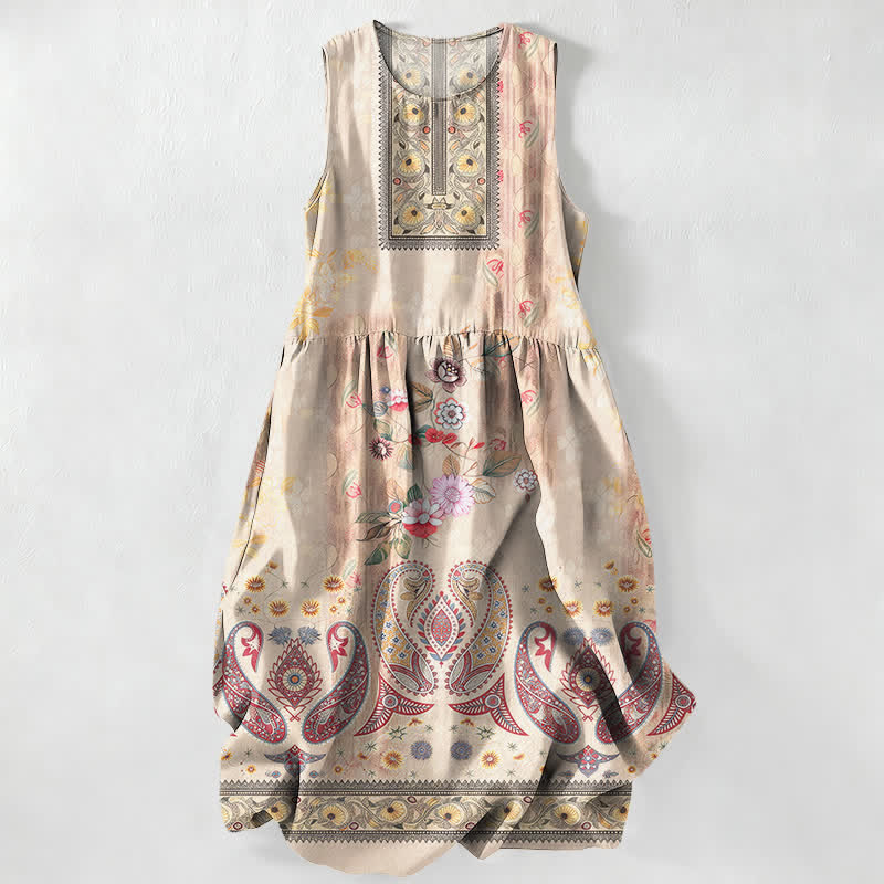 Nimara Ritual Summer Casual Vintage Floral Medallions Leaves Pattern Women's Summer Sleeveless Midi Dress With Pockets