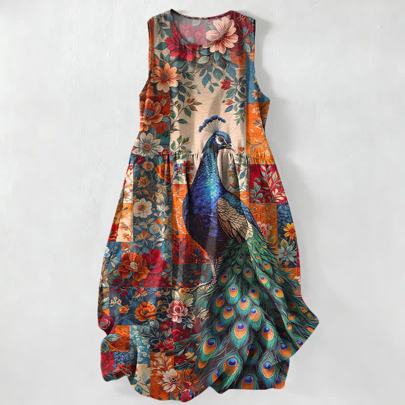 Nimara Ritual Summer Casual Peacock Floral Patchwork Pattern Women's Summer Sleeveless Midi Dress With Pockets