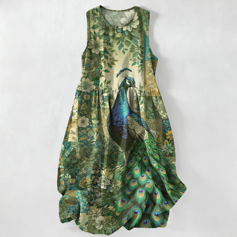 Nimara Ritual Summer Casual Peacock Floral Patchwork Pattern Women's Summer Sleeveless Midi Dress With Pockets