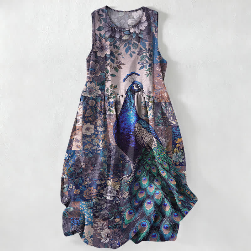 Nimara Ritual Summer Casual Peacock Floral Patchwork Pattern Women's Summer Sleeveless Midi Dress With Pockets