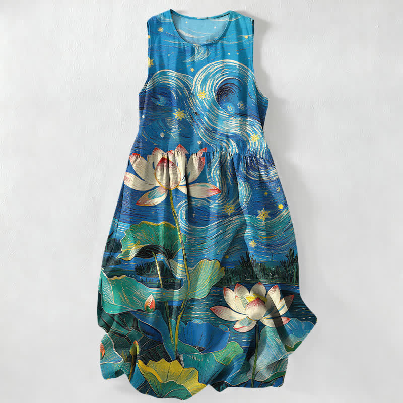 Nimara Ritual Summer Casual Lotus Swirl Pattern Women's Summer Sleeveless Midi Dress With Pockets