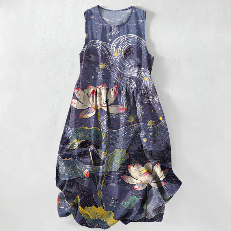 Nimara Ritual Summer Casual Lotus Swirl Pattern Women's Summer Sleeveless Midi Dress With Pockets
