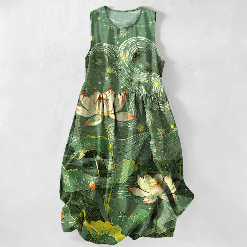 Nimara Ritual Summer Casual Lotus Swirl Pattern Women's Summer Sleeveless Midi Dress With Pockets