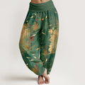 Nimara Ritual Cotton Golden Crane Calligraphy Pattern Women's Elastic Waist Harem Pants