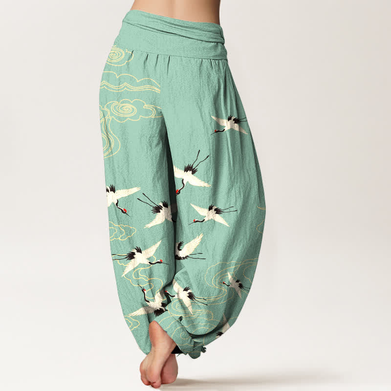 Nimara Ritual Cotton Flying Crane Pattern Women's Elastic Waist Harem Pants