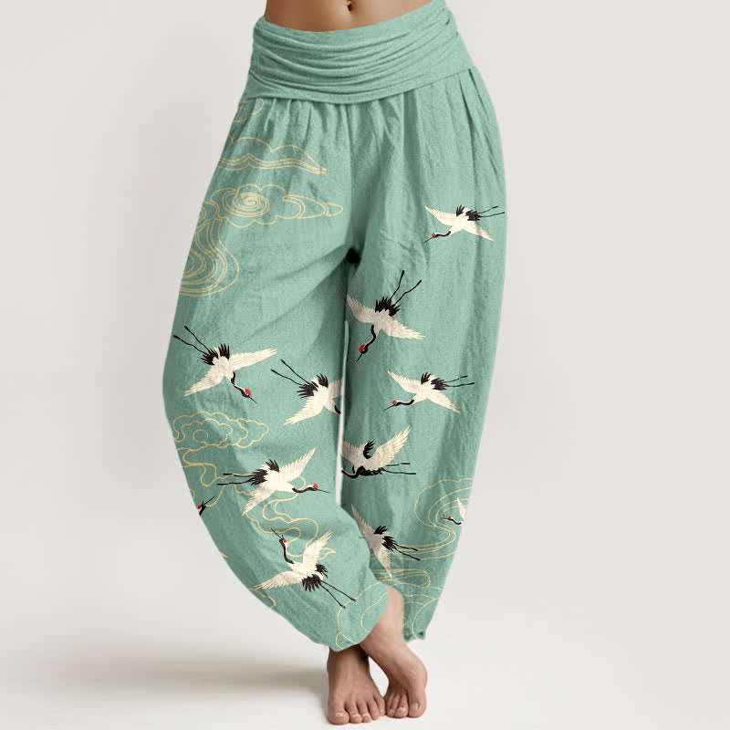 Nimara Ritual Cotton Flying Crane Pattern Women's Elastic Waist Harem Pants