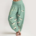 Nimara Ritual Cotton Flying Crane Pattern Women's Elastic Waist Harem Pants