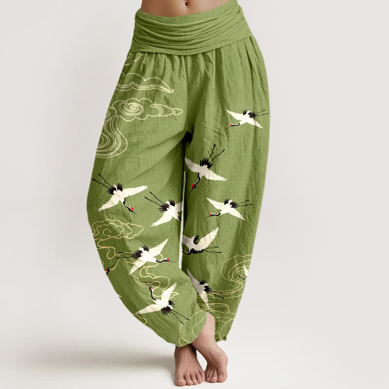 Nimara Ritual Cotton Flying Crane Pattern Women's Elastic Waist Harem Pants
