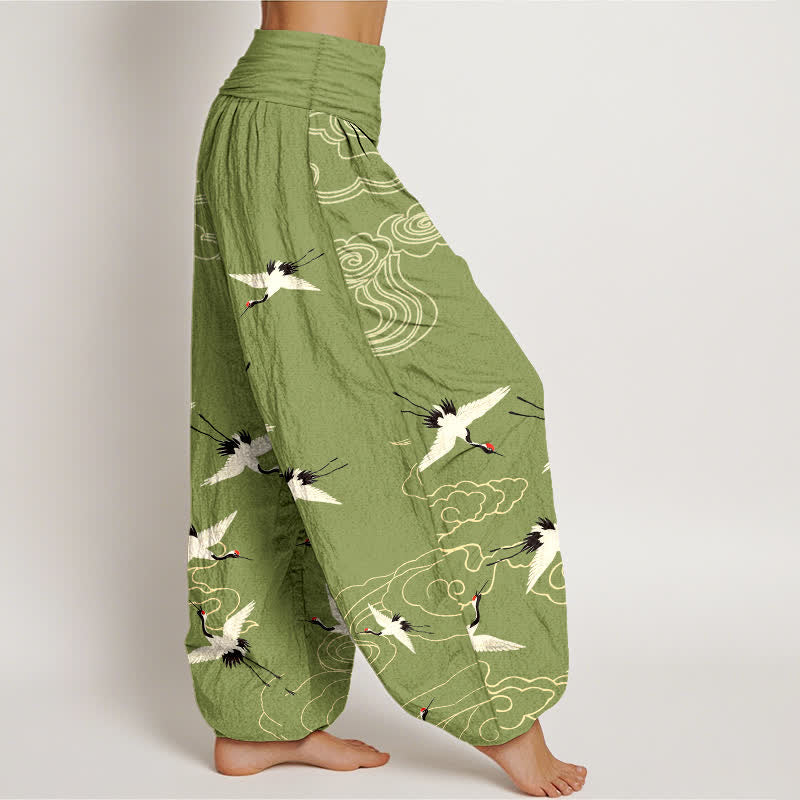 Nimara Ritual Cotton Flying Crane Pattern Women's Elastic Waist Harem Pants