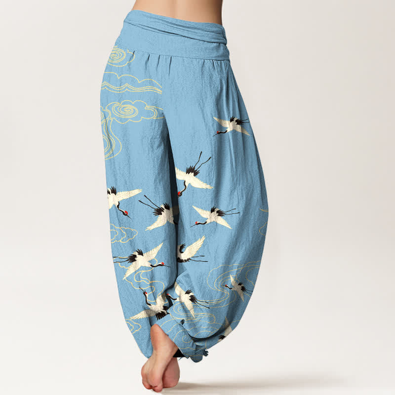 Nimara Ritual Cotton Flying Crane Pattern Women's Elastic Waist Harem Pants