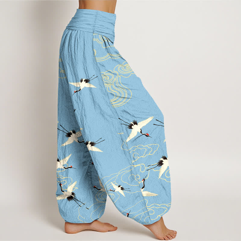 Nimara Ritual Cotton Flying Crane Pattern Women's Elastic Waist Harem Pants