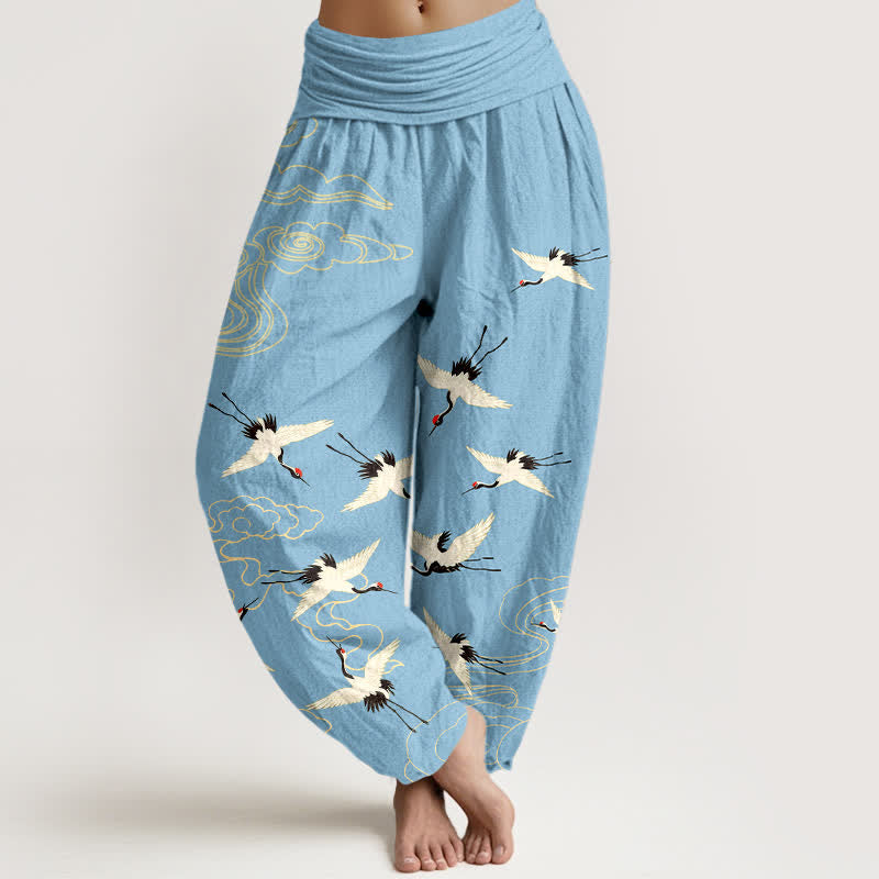 Nimara Ritual Cotton Flying Crane Pattern Women's Elastic Waist Harem Pants