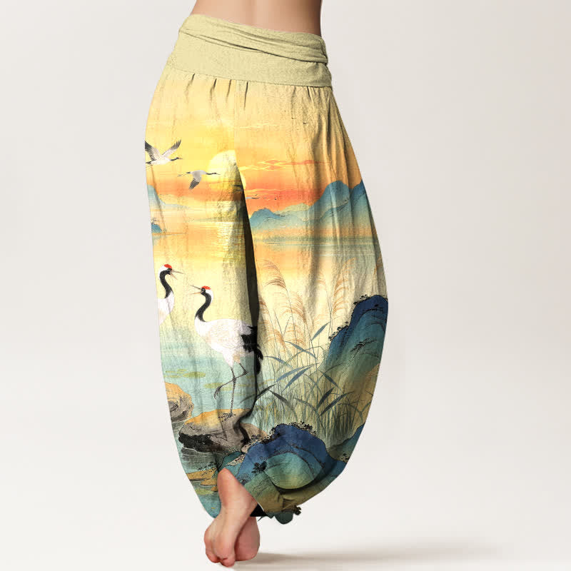 Nimara Ritual Cotton Sunrise Mountain Crane Pattern Women's Elastic Waist Harem Pants