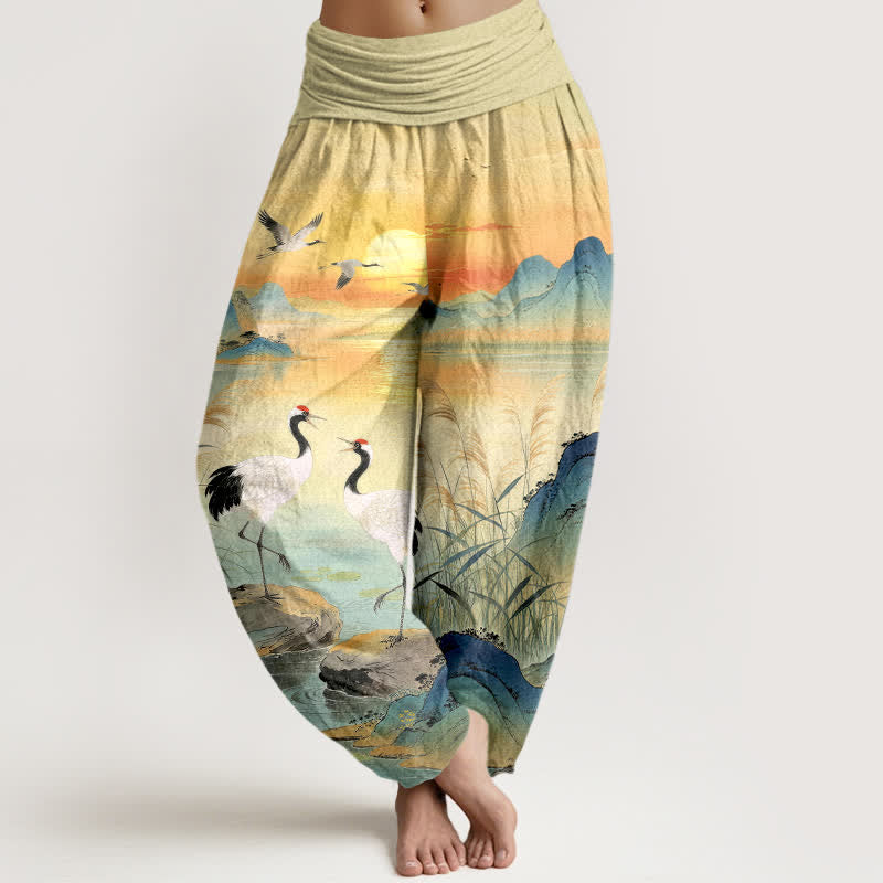 Nimara Ritual Cotton Sunrise Mountain Crane Pattern Women's Elastic Waist Harem Pants