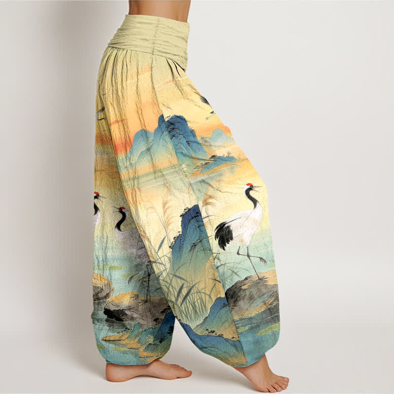 Nimara Ritual Cotton Sunrise Mountain Crane Pattern Women's Elastic Waist Harem Pants