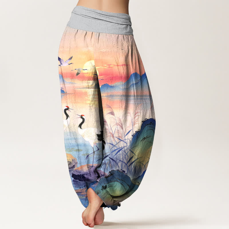 Nimara Ritual Cotton Sunrise Mountain Crane Pattern Women's Elastic Waist Harem Pants