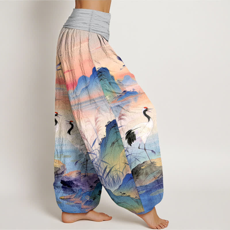 Nimara Ritual Cotton Sunrise Mountain Crane Pattern Women's Elastic Waist Harem Pants