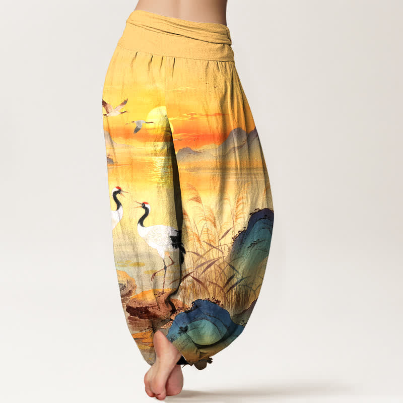 Nimara Ritual Cotton Sunrise Mountain Crane Pattern Women's Elastic Waist Harem Pants