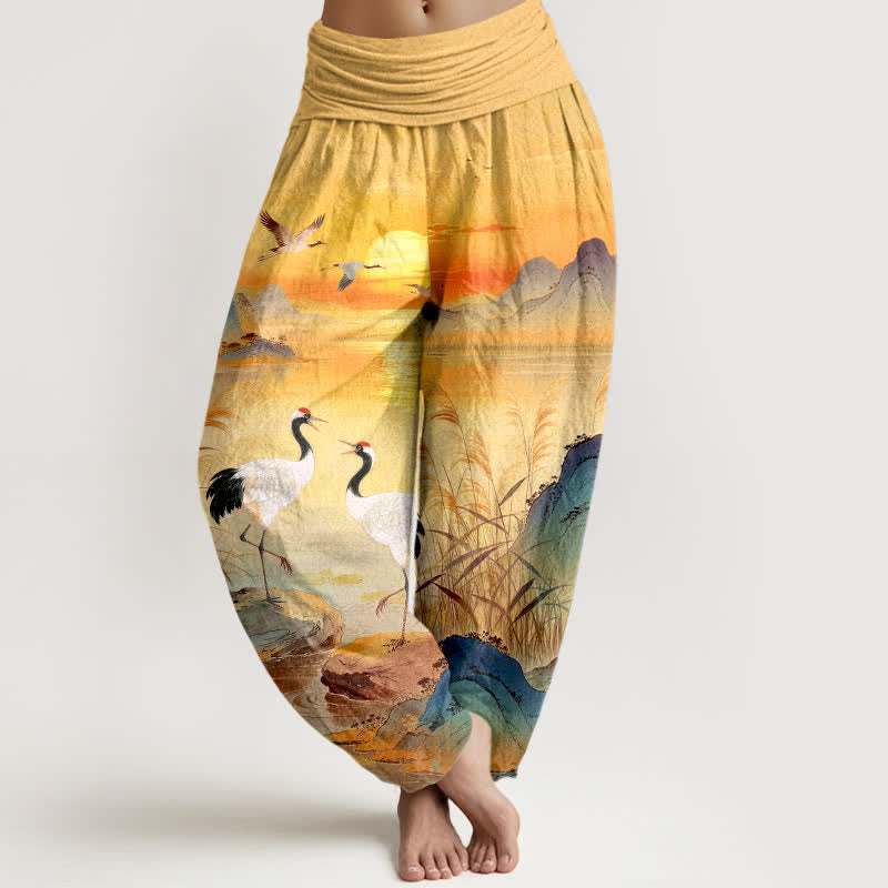 Nimara Ritual Cotton Sunrise Mountain Crane Pattern Women's Elastic Waist Harem Pants