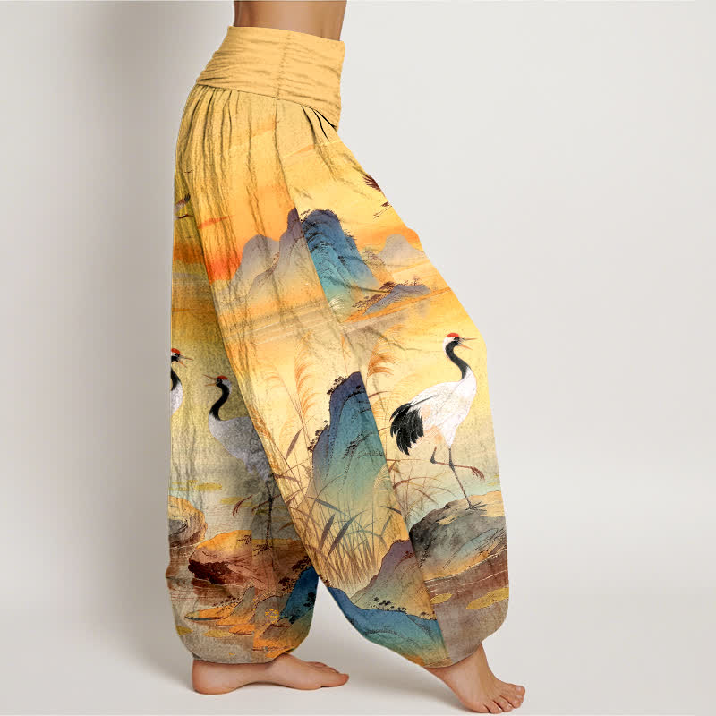 Nimara Ritual Cotton Sunrise Mountain Crane Pattern Women's Elastic Waist Harem Pants