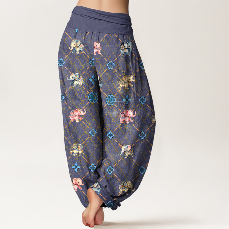 Nimara Ritual Cotton Elephant Floral Pattern Women's Elastic Waist Harem Pants
