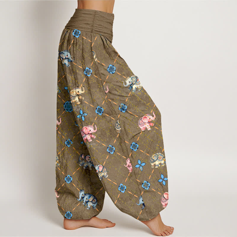 Nimara Ritual Cotton Elephant Floral Pattern Women's Elastic Waist Harem Pants
