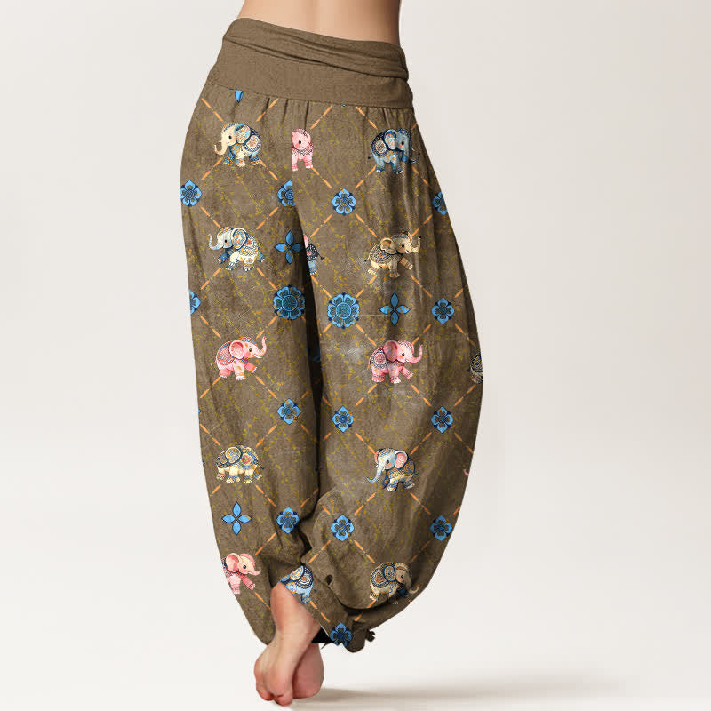 Nimara Ritual Cotton Elephant Floral Pattern Women's Elastic Waist Harem Pants