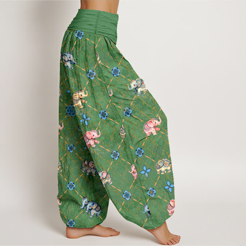 Nimara Ritual Cotton Elephant Floral Pattern Women's Elastic Waist Harem Pants