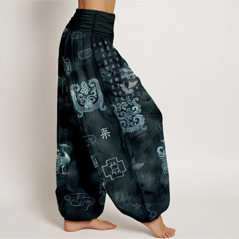 Nimara Ritual Cotton Phoenix Cloud Pattern Women's Elastic Waist Harem Pants