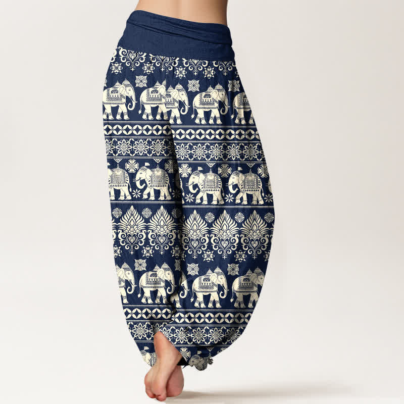 Nimara Ritual Cotton Elephant Tribal Stripe Pattern Women's Elastic Waist Harem Pants