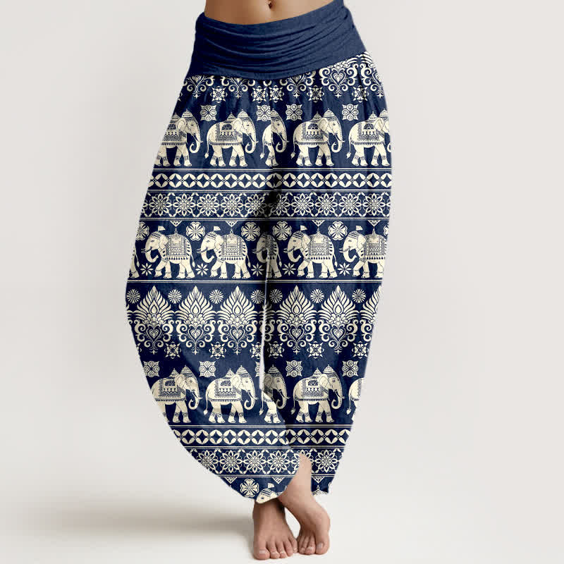 Nimara Ritual Cotton Elephant Tribal Stripe Pattern Women's Elastic Waist Harem Pants