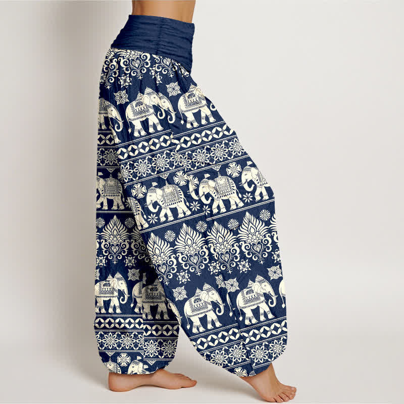 Nimara Ritual Cotton Elephant Tribal Stripe Pattern Women's Elastic Waist Harem Pants