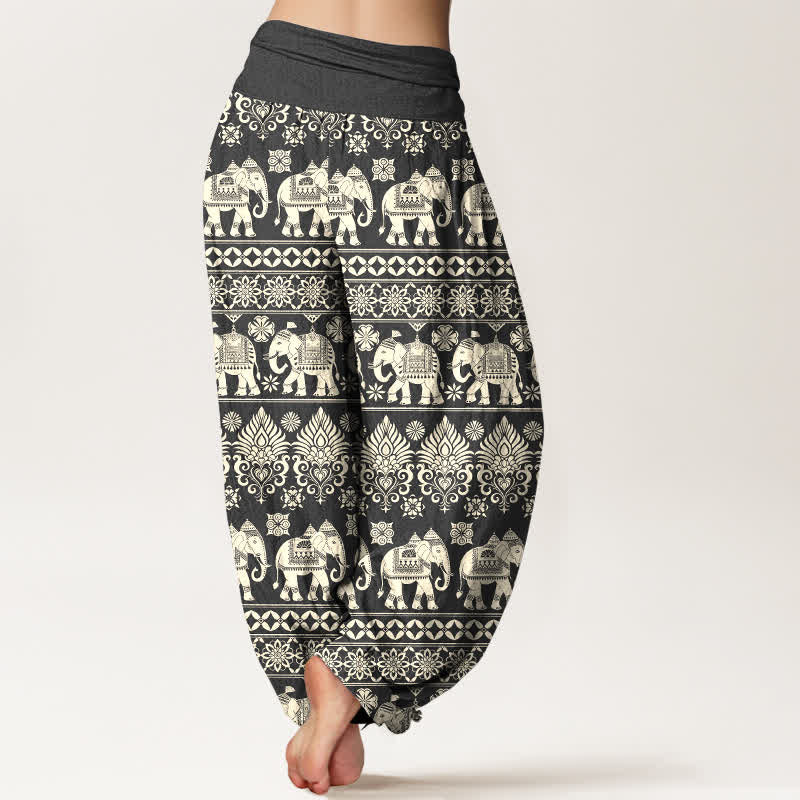 Nimara Ritual Cotton Elephant Tribal Stripe Pattern Women's Elastic Waist Harem Pants